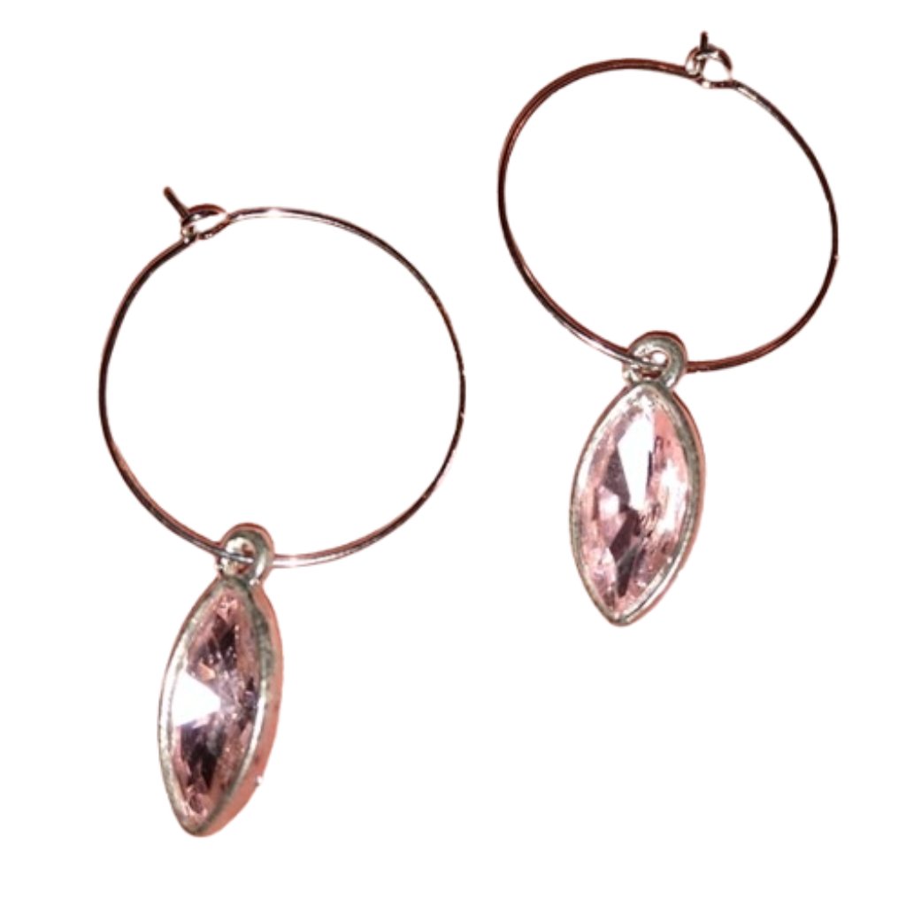 Pink Marquis Rhinestone Silver Hoop Earrings Crystal Steel Hoops Katta Handmade 44$